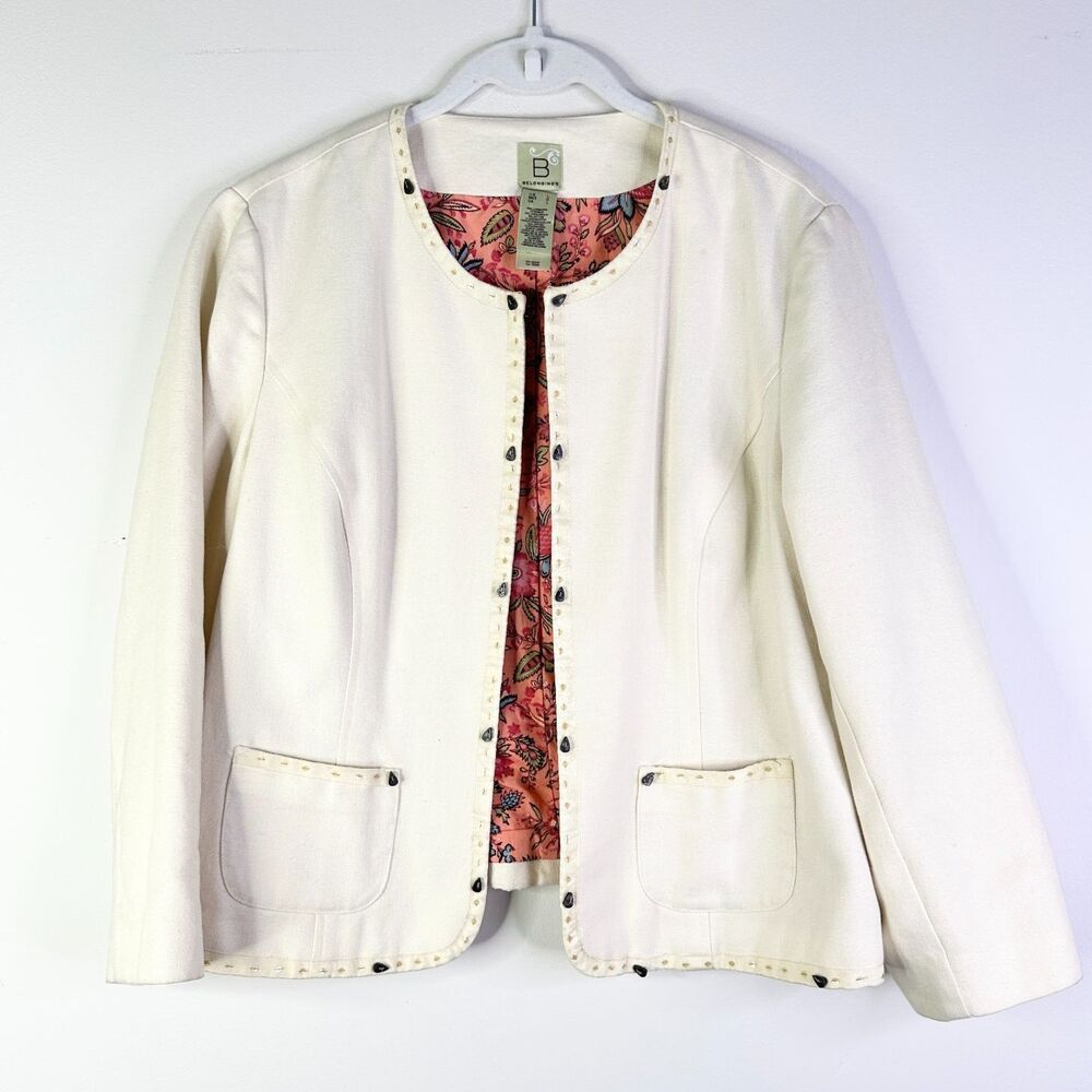 Belongings Blazer Women L Linen Cotton Paisley Lining Embellished Beads Sequins